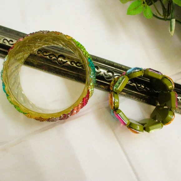 VINTAGE Rhinestone Cuff Bracelet Lot: Lucite, Peacock, Lips - STATEMENT Jewelry - Picture 14 of 14